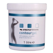 A container of Strictly Professional Contour Gel, with a label showing the product name and a silhouette of a body figure. The container is white with blue and black text and blue decorative elements.