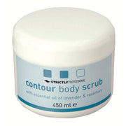 A container of Strictly Professional Contour Body Scrub with essential oils of lavender and rosemary, with a capacity of 450ml.