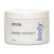 A container of Strictly Professional Body Exfoliant in a 450ml size, primarily in white with blue text and design accents.