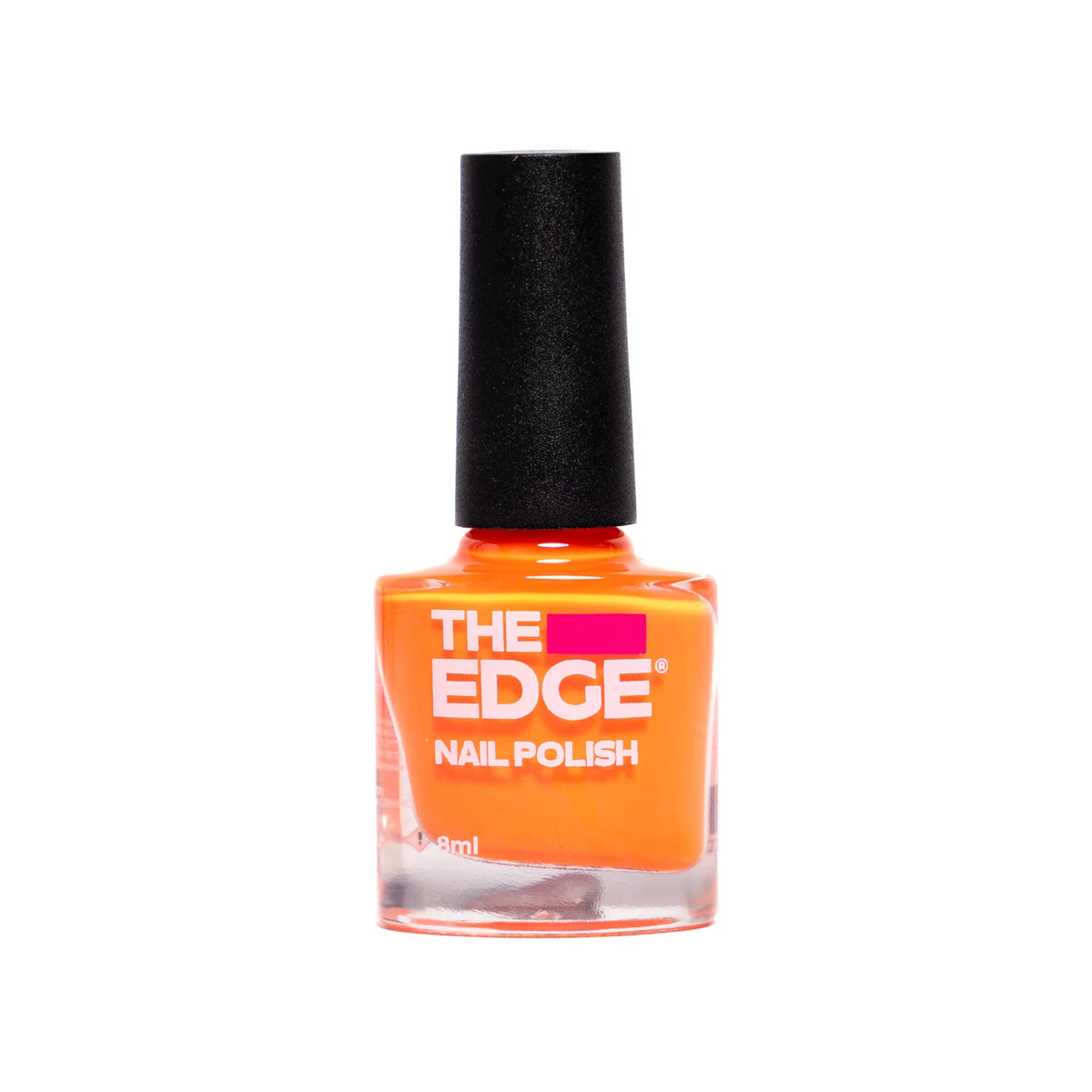 A bottle of orange nail polish by The Edge, featuring a bright orange liquid inside a clear glass bottle with a black cap, set against a plain white background.