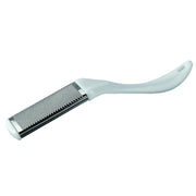 A foot file with a metal surface and a white plastic handle designed for removing calluses and dry skin.