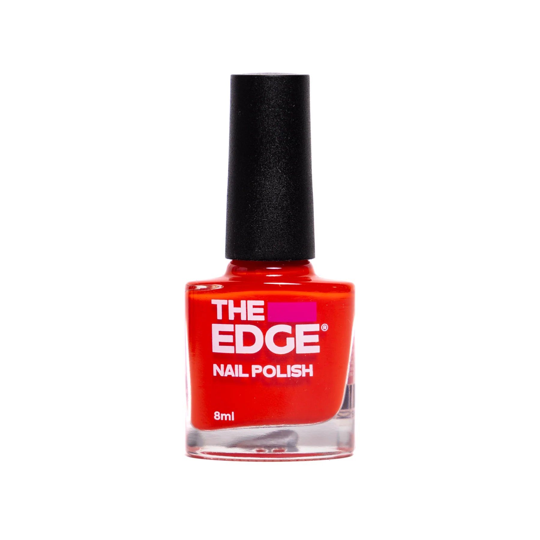 A bottle of red nail polish by The Edge, featuring a black cap and a clear glass bottle showing the vibrant red polish inside, set against a plain white background.