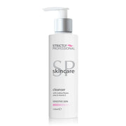 A pump bottle of Strictly Professional Sensitive Skin Cleanser with pink and white labeling.