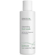 A bottle of Strictly Professional foot soak with the text 'cleaning foot soak with Tea Tree, Peppermint & Lemongrass' on the label.