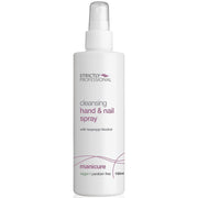 A bottle of Strictly Professional hand and nail spray with a white spray nozzle.