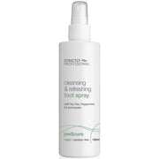 A bottle of Strictly Professional foot spray with a white spray nozzle, labeled for cleansing and refreshing feet, 150ml.