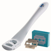 A plastic handle credo cutter with a pack of 10 blades, typically used for removing hard skin from the feet.