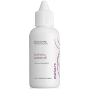 A bottle of Strictly Professional brand hydrating cuticle oil with a white dropper cap.