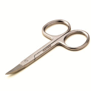 A pair of professional-grade stainless steel cuticle scissors with a straight blade.