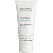 A tube of Strictly Professional exfoliating foot scrub with product details and ingredients listed on the label.