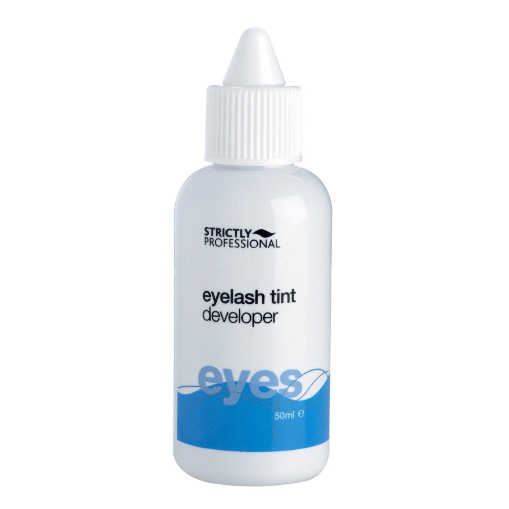 Bottle of Strictly Professional eyelash tint developer on a white background