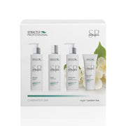A product image featuring a Strictly Professional Combination Skin Facial Kit with four items including cleanser, toner, moisturizer, and facial mask, packaged in a box with a clear front.