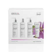 A product image featuring a Strictly Professional Sensitive Skin Facial Kit packaging with compartments for cleanser, toner, moisturizer, and facial mask.