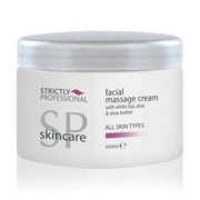 A jar of Strictly Professional Facial Massage Cream, 450ml, labeled for all skin types. 