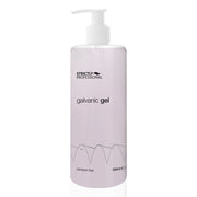 A bottle of Strictly Professional Galvanic Cellulite Gel with a pump dispenser, predominantly clear in color with a label and text detailing the product name and usage.