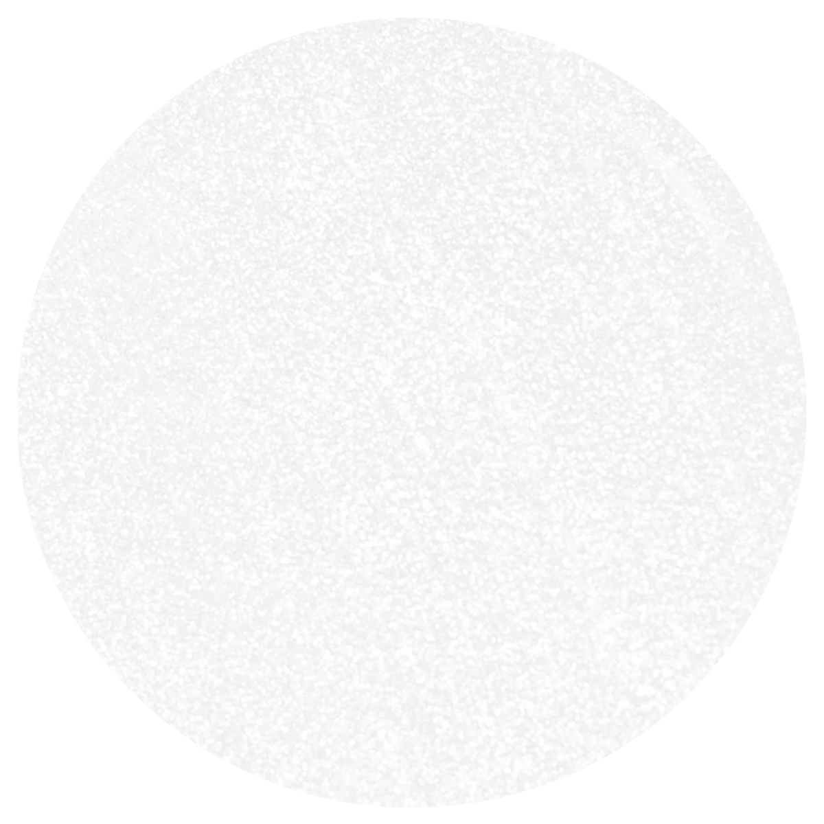 A circular swatch of textured white glitter or speckled white material on a solid white background.