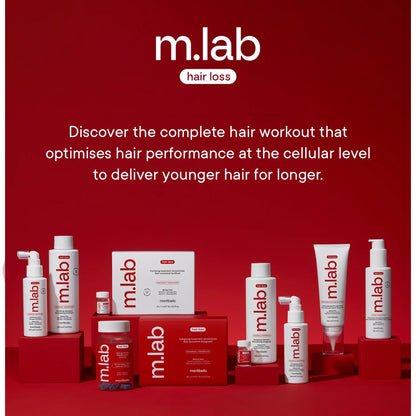 m.lab hair loss treatment products on a red background