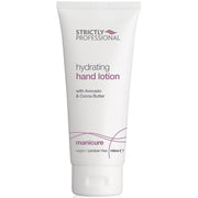 A tube of Strictly Professional hydrating hand lotion with a white and purple design, indicating it is a product for manicure use.