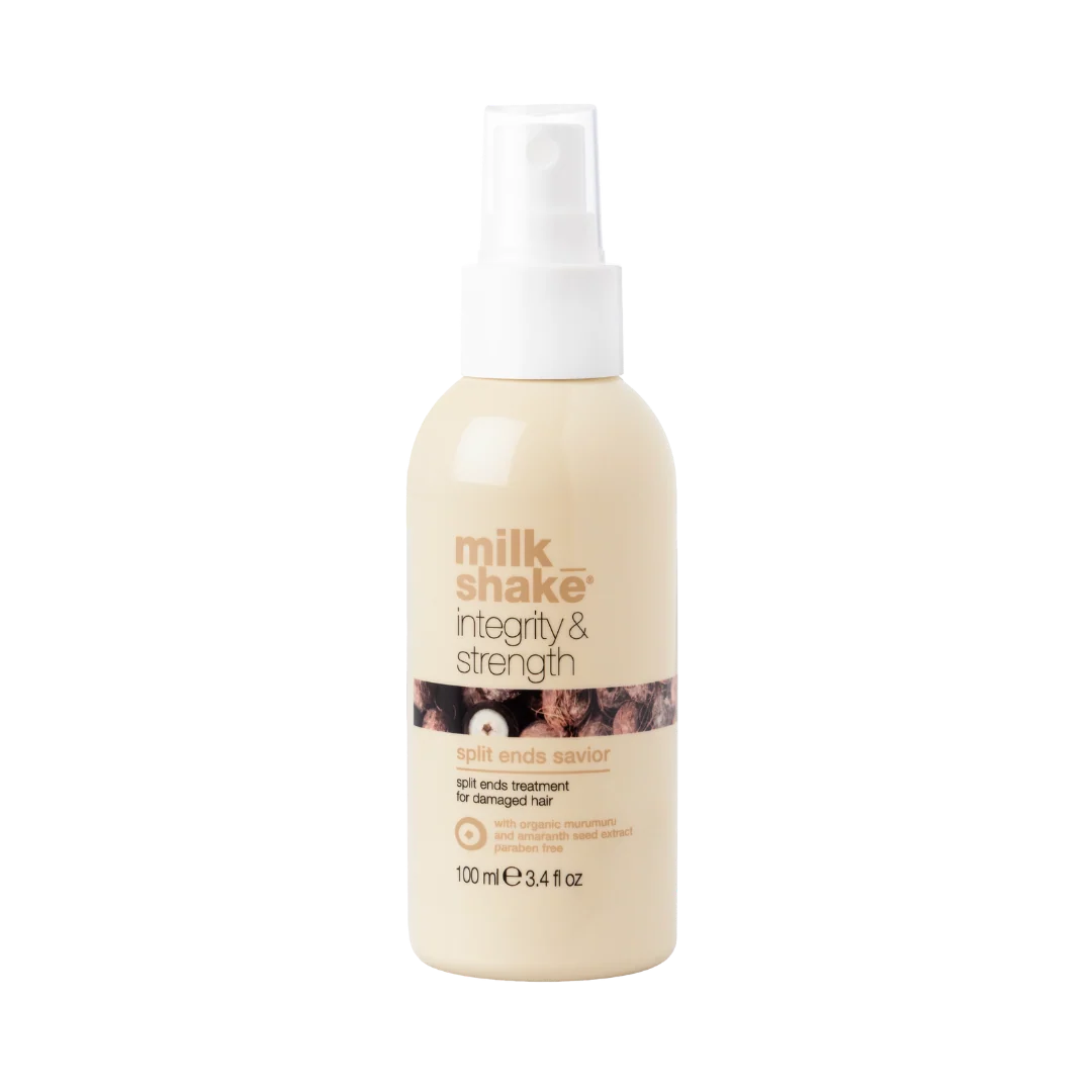 A bottle of Milk Shake Integrity & Strength Soft Ends Sensor for damaged hair, featuring a beige body and white spray cap on a solid white background.