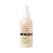 A bottle of Milk Shake Integrity & Strength Soft Ends Sensor for damaged hair, featuring a beige body and white spray cap on a solid white background.