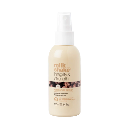 A bottle of Milk Shake Integrity & Strength Soft Ends Sensor for damaged hair, featuring a beige body and white spray cap on a solid white background.