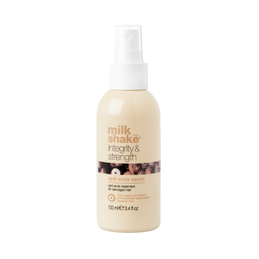 A bottle of Milk Shake Integrity & Strength Soft Ends Sensor for damaged hair, featuring a beige body and white spray cap on a solid white background.