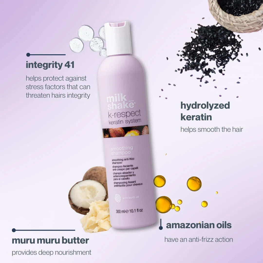 Milk Shake hair care product bottle with ingredients and benefits on a light purple background