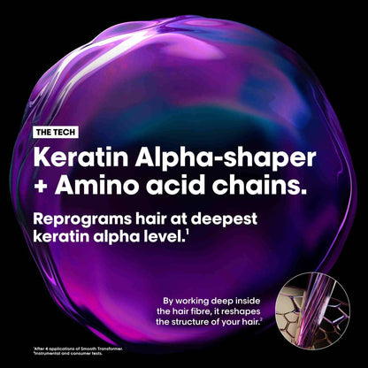 Purple and blue spherical graphic with text about Keratin Alpha-shaper and amino acid chains on a black background.
