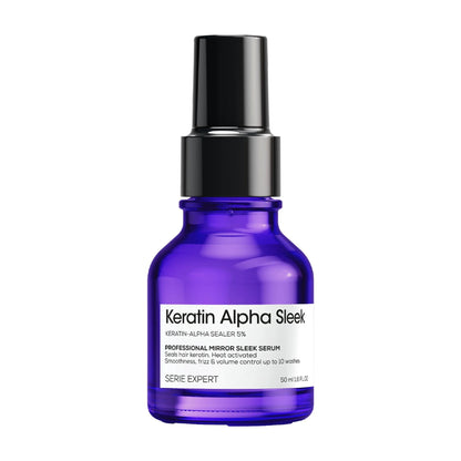 Keratin Alpha Sleek serum bottle on a white background