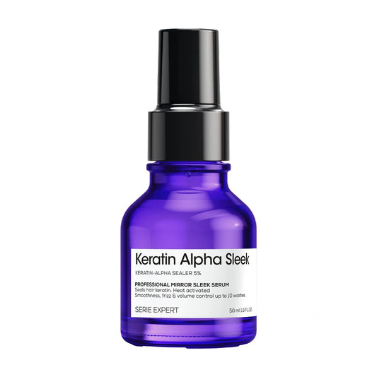 Keratin Alpha Sleek serum bottle on a white background