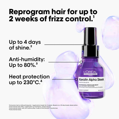 L'Oreal Keratin Alpha Sleek serum bottle with text highlighting features on a white background