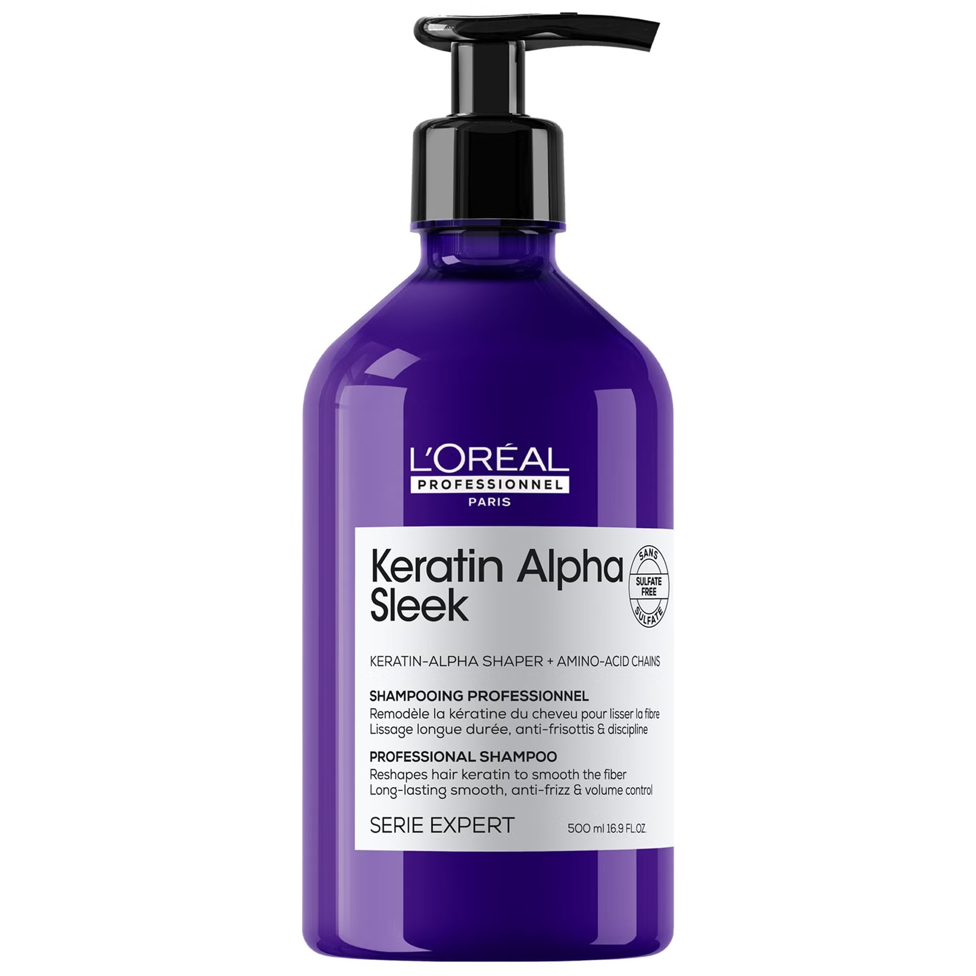 L'Oreal Keratin Alpha Sleek shampoo bottle on a white background