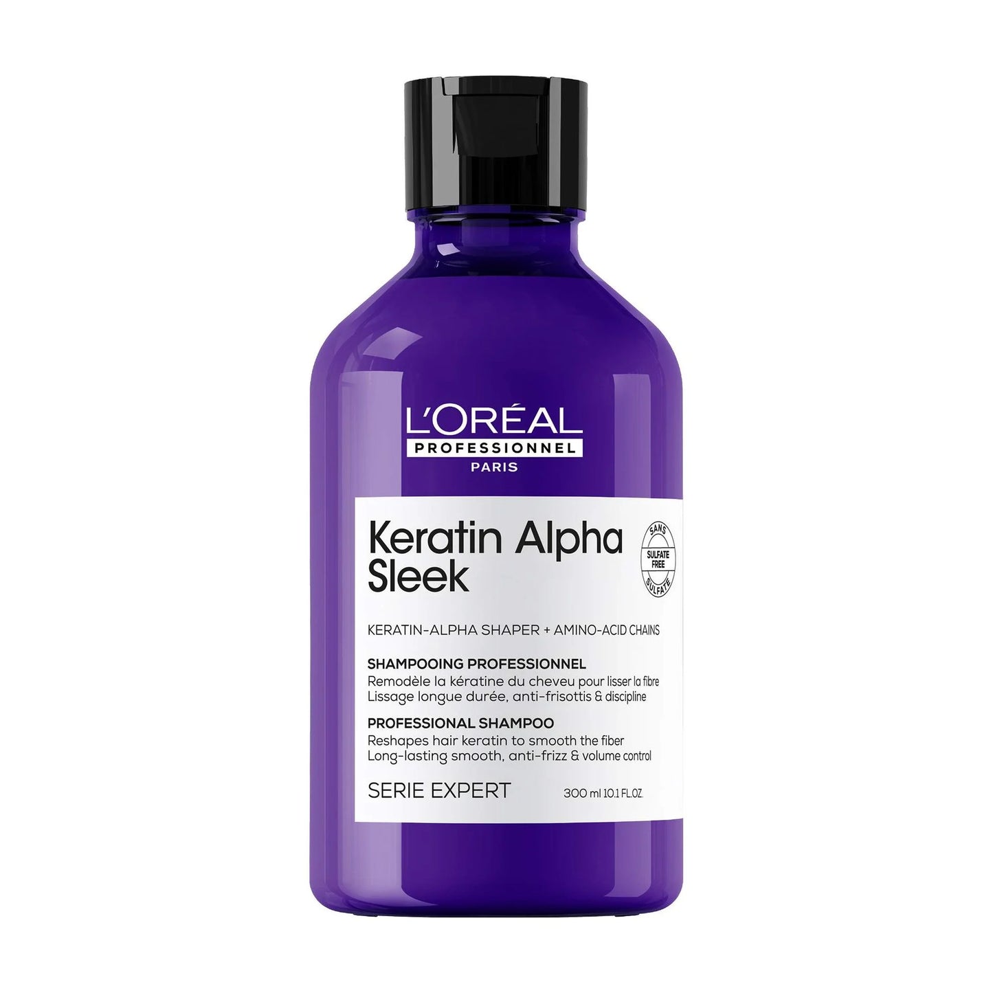 L'Oreal Keratin Alpha Sleek shampoo bottle on a white background