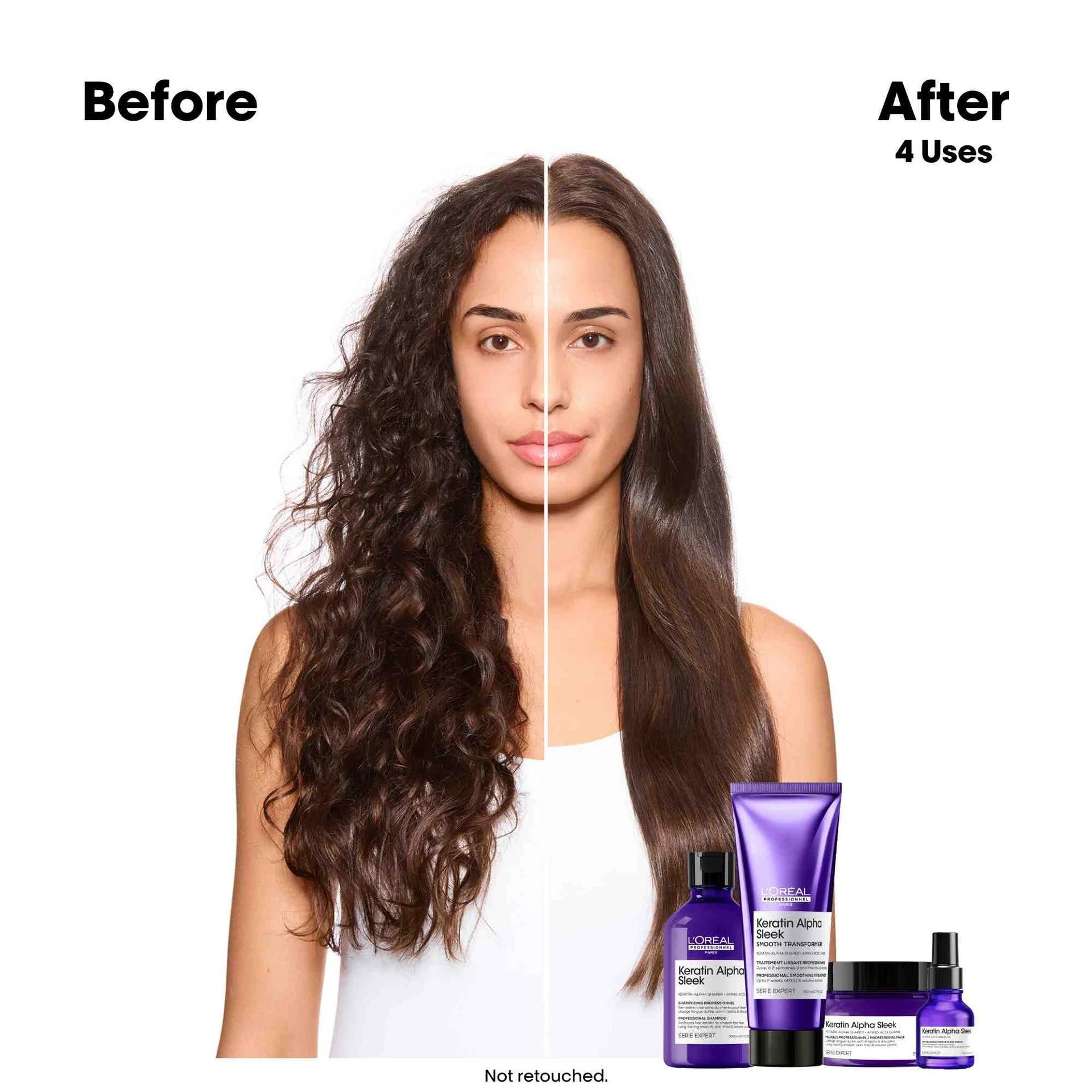 Before and after comparison of hair treatment with a woman's hair shown, followed by L'Oreal Keratin Alpha Sleek products.