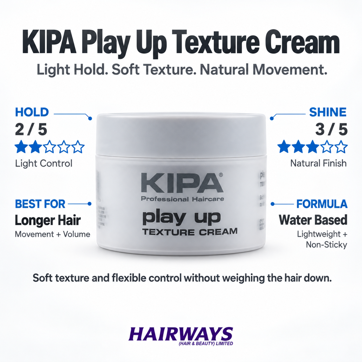 KIPA Play Up Texture Cream light 2 out of 5 hold natural shine and flexible styling profile