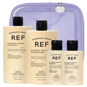 Stockholm Sweden REF hair care products including shampoo and conditioner bottles with a purple travel case.