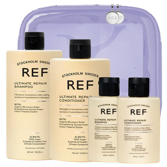Stockholm Sweden REF hair care products including shampoo and conditioner bottles with a purple travel case.