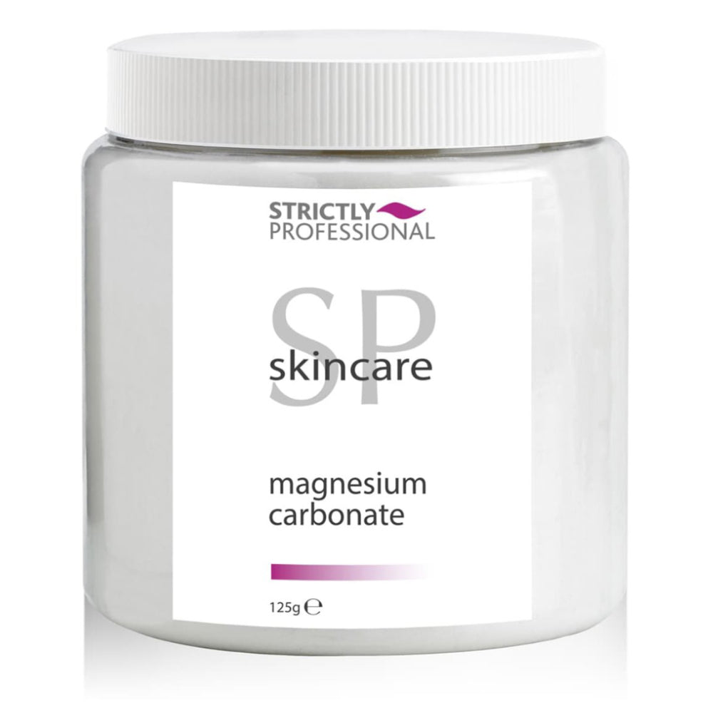 Jar of Strictly Professional magnesium carbonate on a white background