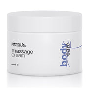 A jar of Strictly Professional massage cream, with a white body and blue labeling, containing 450ml of product.