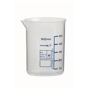 A clear polypropylene measuring jug with blue graduation marks, a spout, and a label indicating 50ml capacity.