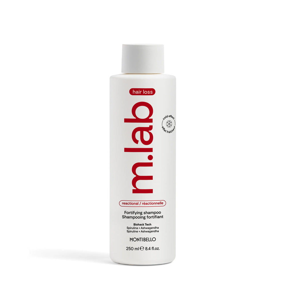 Shampoo bottle with 'm.lab reational fortifying' branding on a white background