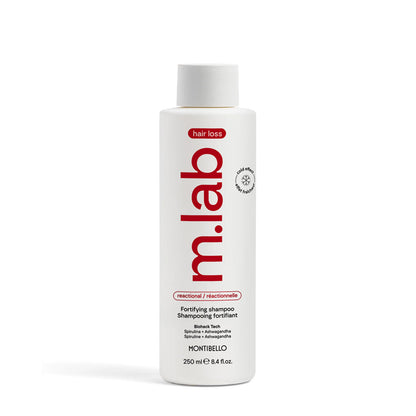 Shampoo bottle with 'm.lab reational fortifying' branding on a white background