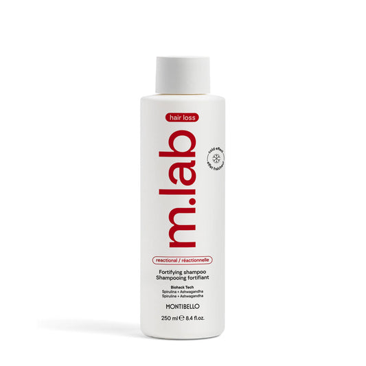 Shampoo bottle with 'm.lab reational fortifying' branding on a white background