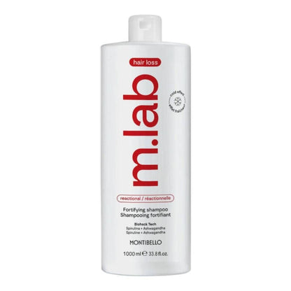 m.lab hair care product bottle on a white background