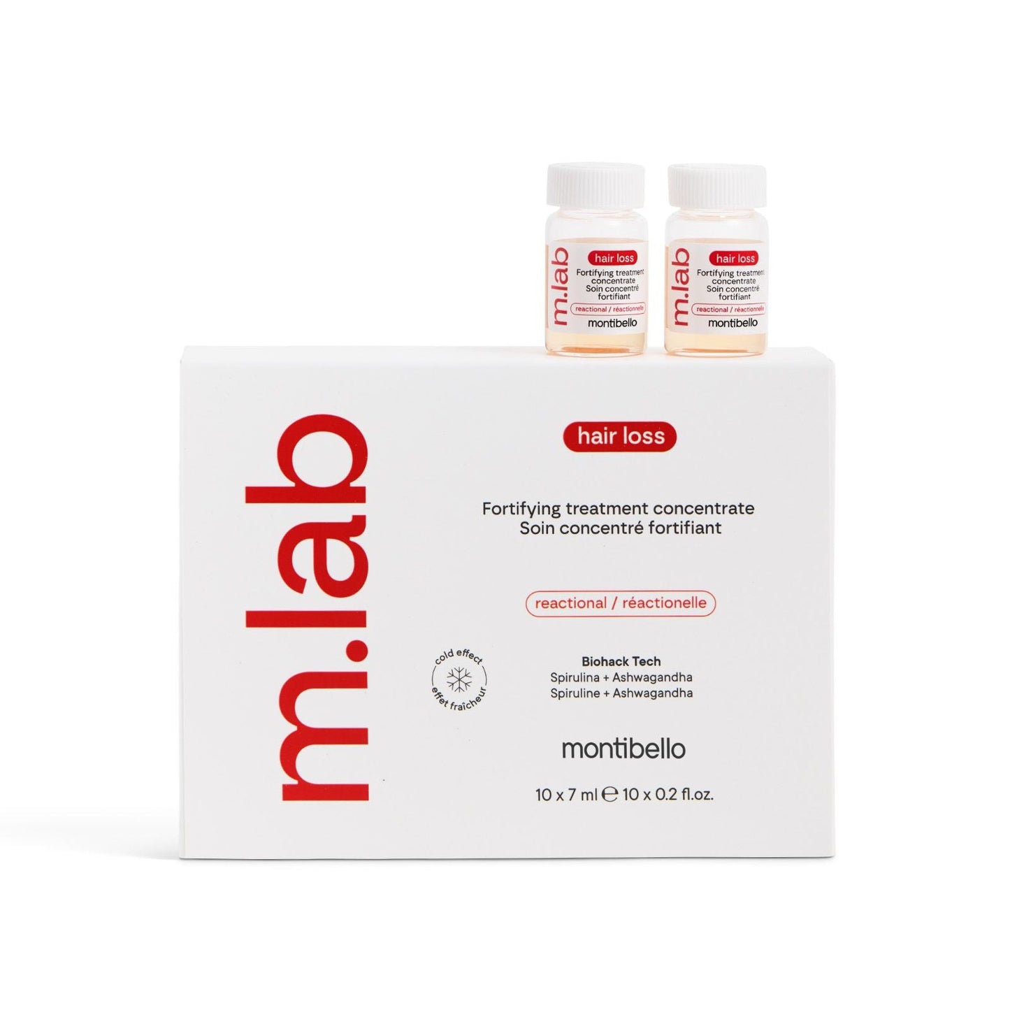 m.lab hair loss treatment packaging with two bottles on a white background.