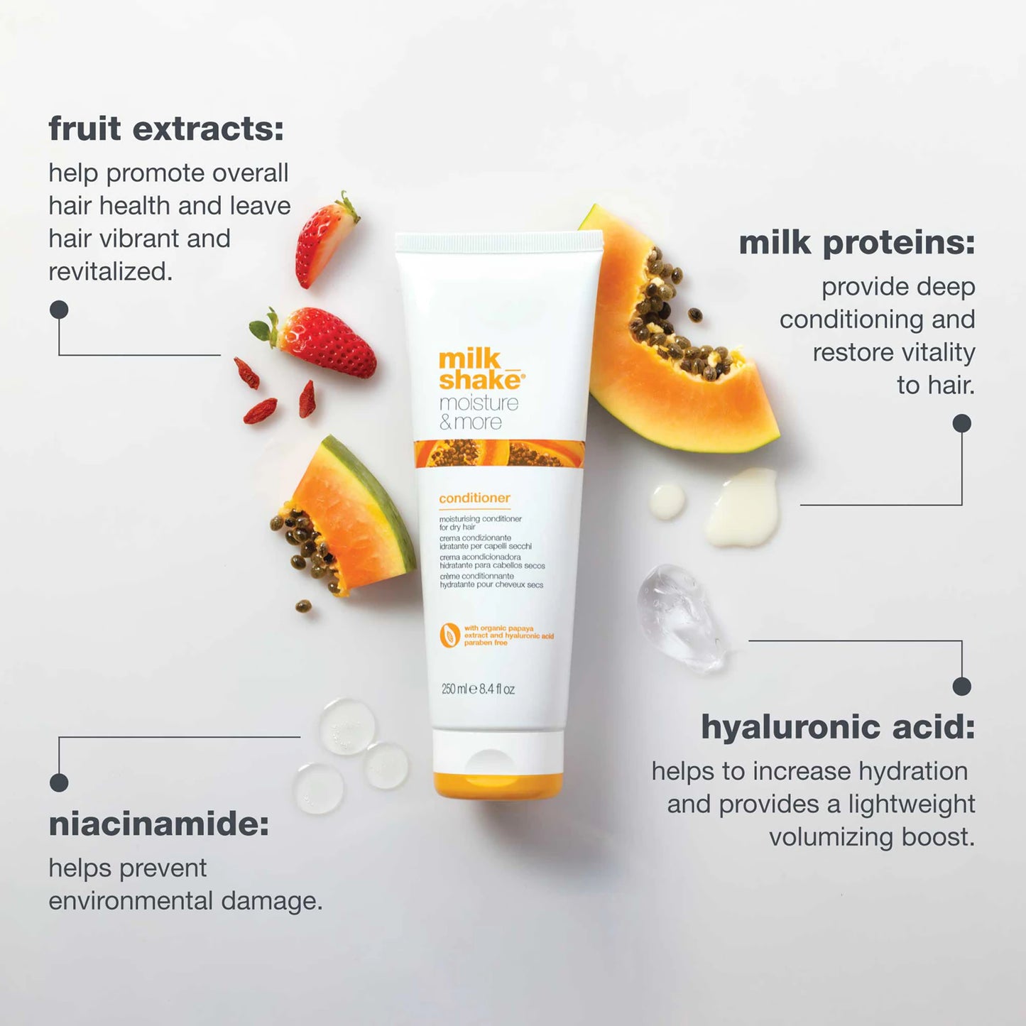Milk Shake conditioner bottle with fruit extracts and ingredients on a light background