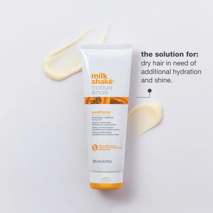 Milk Shake conditioner bottle on a light background with text about dry hair needs.