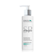 A pump bottle of Strictly Professional Skincare moisturizer with purple ginseng and porcelain flower illustrations on the label.