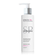 A pump bottle of Strictly Professional Sensitive Skin Moisturiser with pink and white packaging.