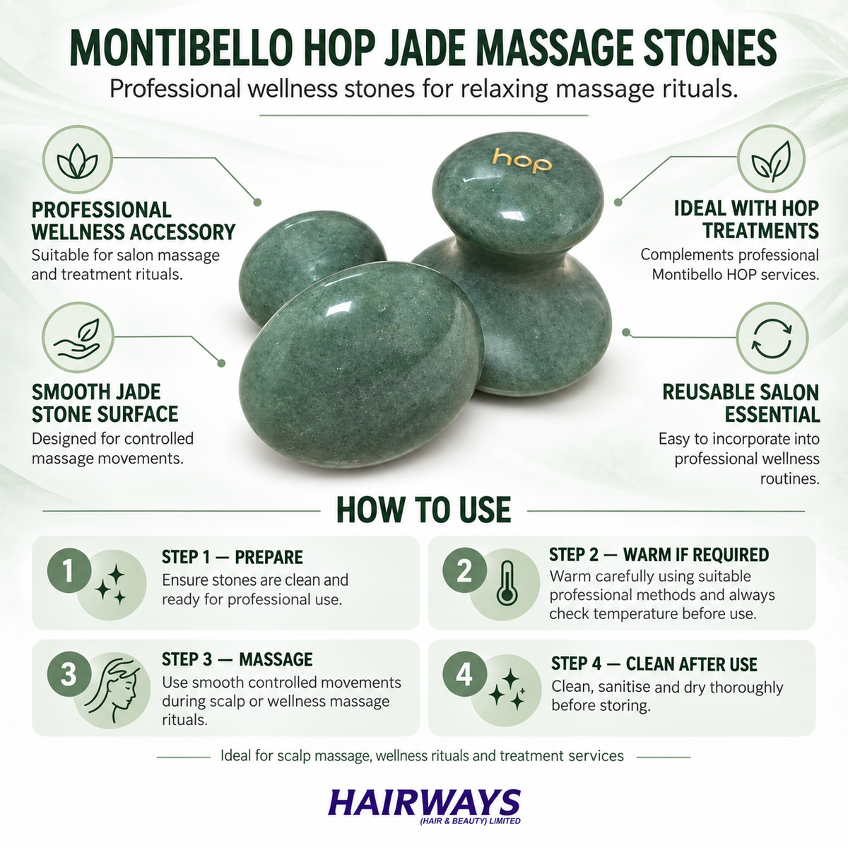Montibello HOP Jade Massage Stones infographic showing key features and a four-step how to use guide